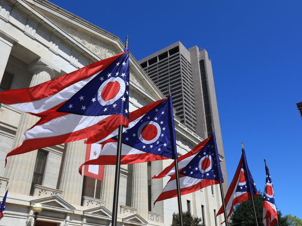 Ohio State flags in Columbus, Ohio